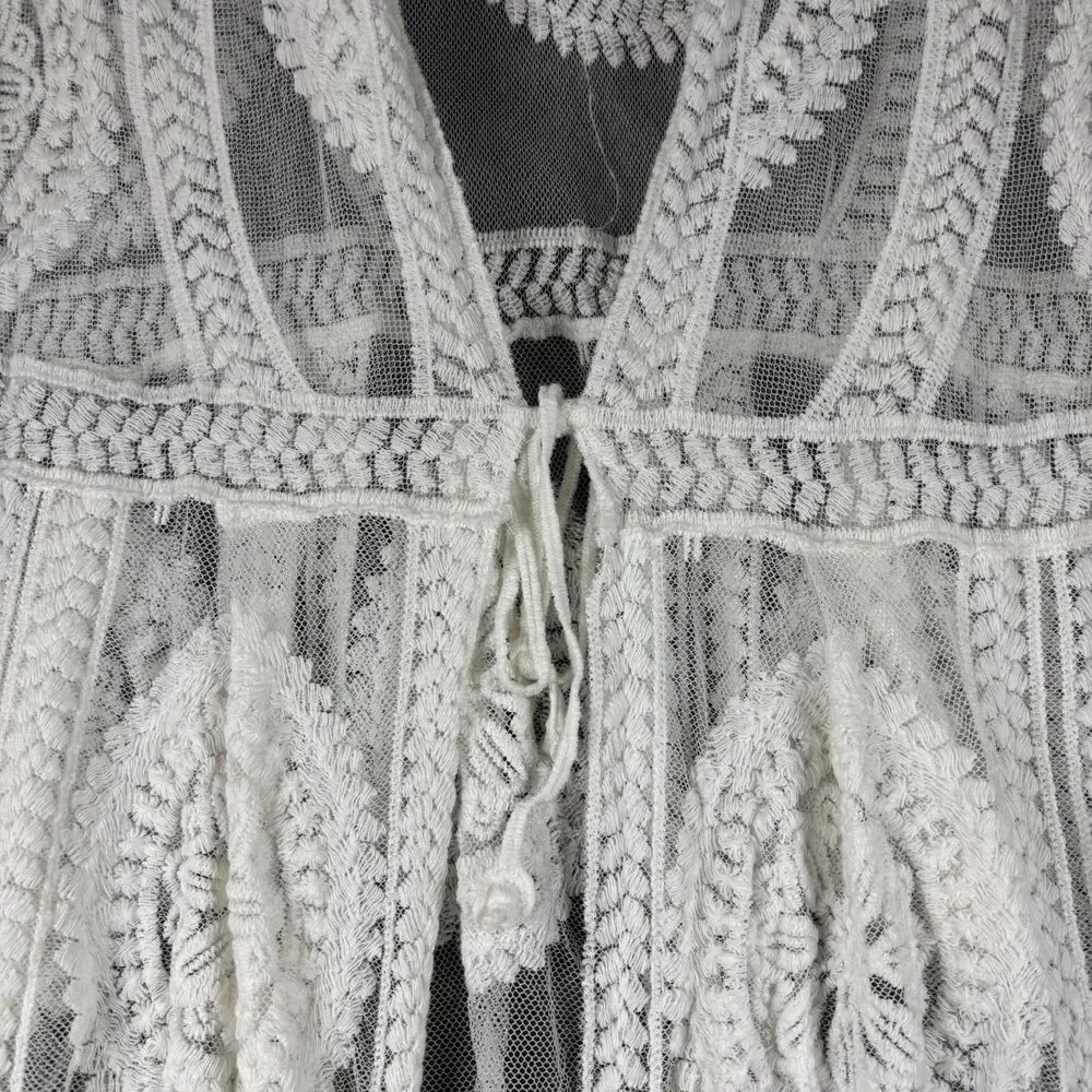 Liv Los Angeles Women Sheer Kimono Swim Cover Lace Open Tie Front Ivory LG L126